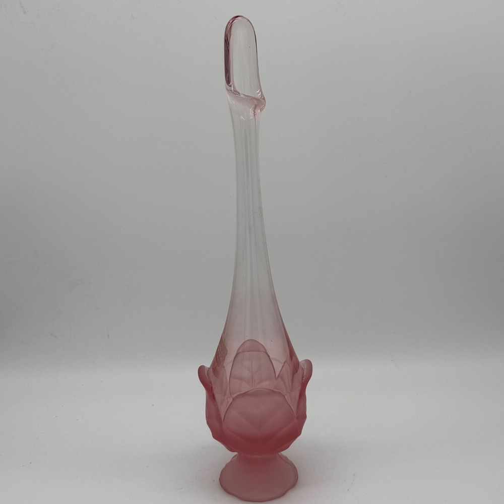 Vintage Viking Glass Pink Epic Leaf Swung Vase Frosted Satin Thistle Labeled 14"